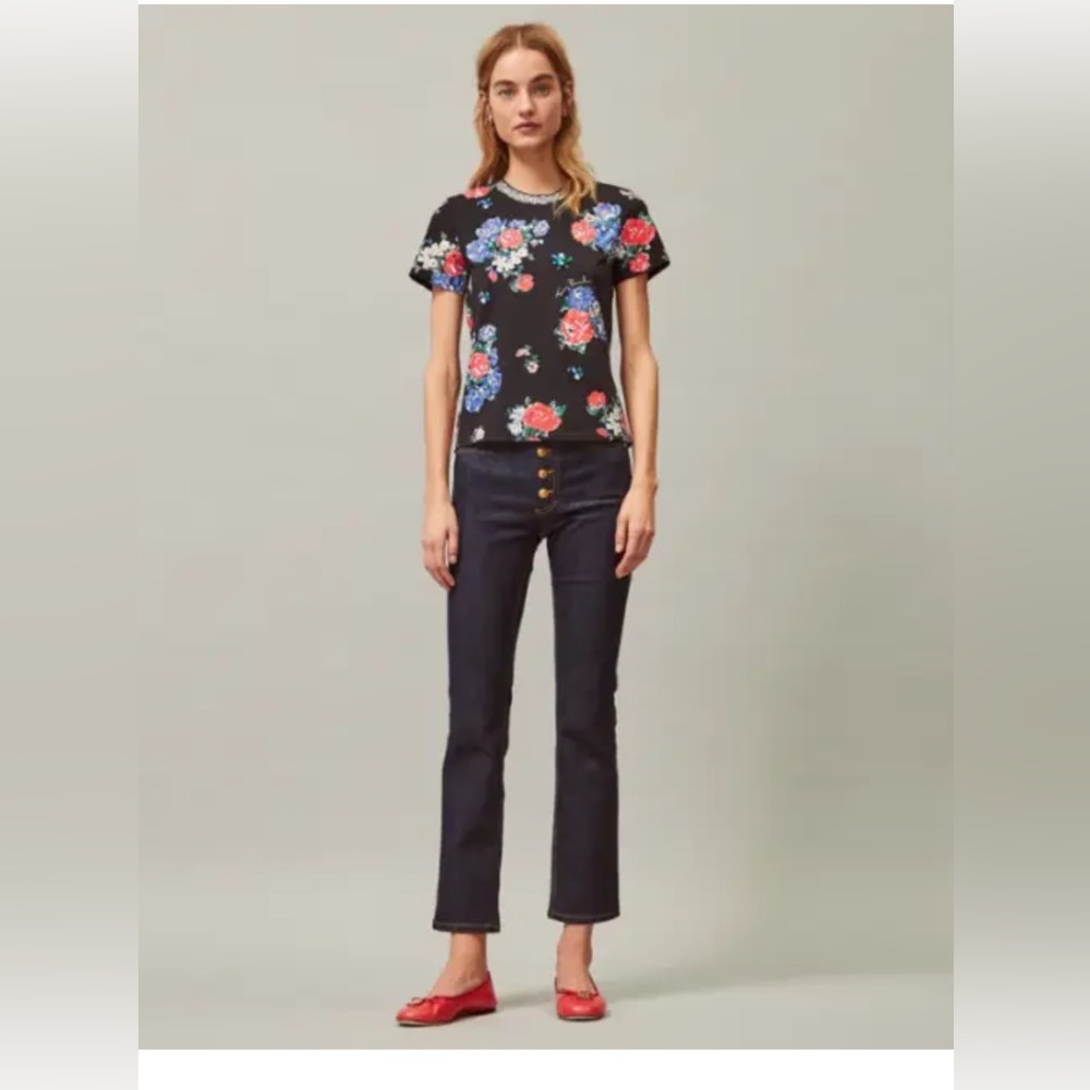 Tory Burch Black Tea Rose Jeweled T-Shirt Large EUC